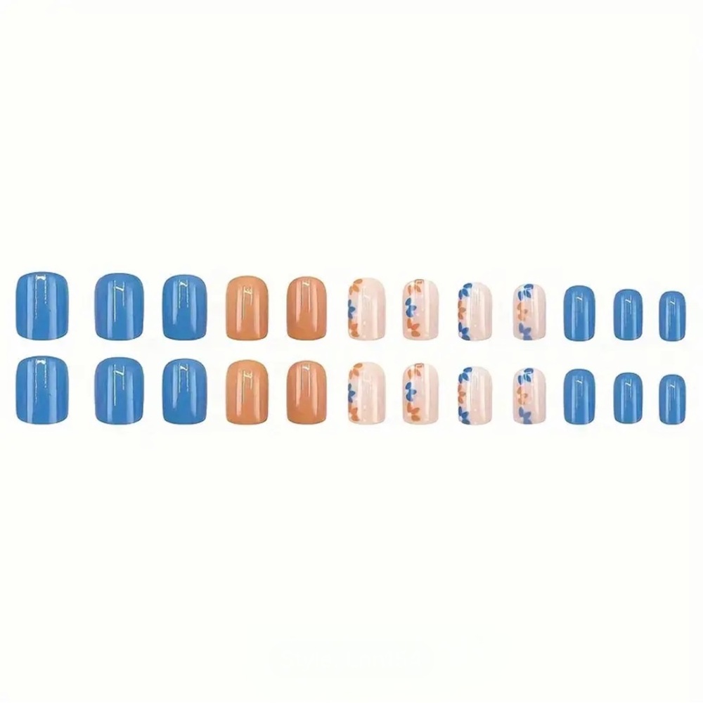 Peach & Blue Floral Accent Press-On Nails – 24pc Short Square Set - Picture 4 of 7